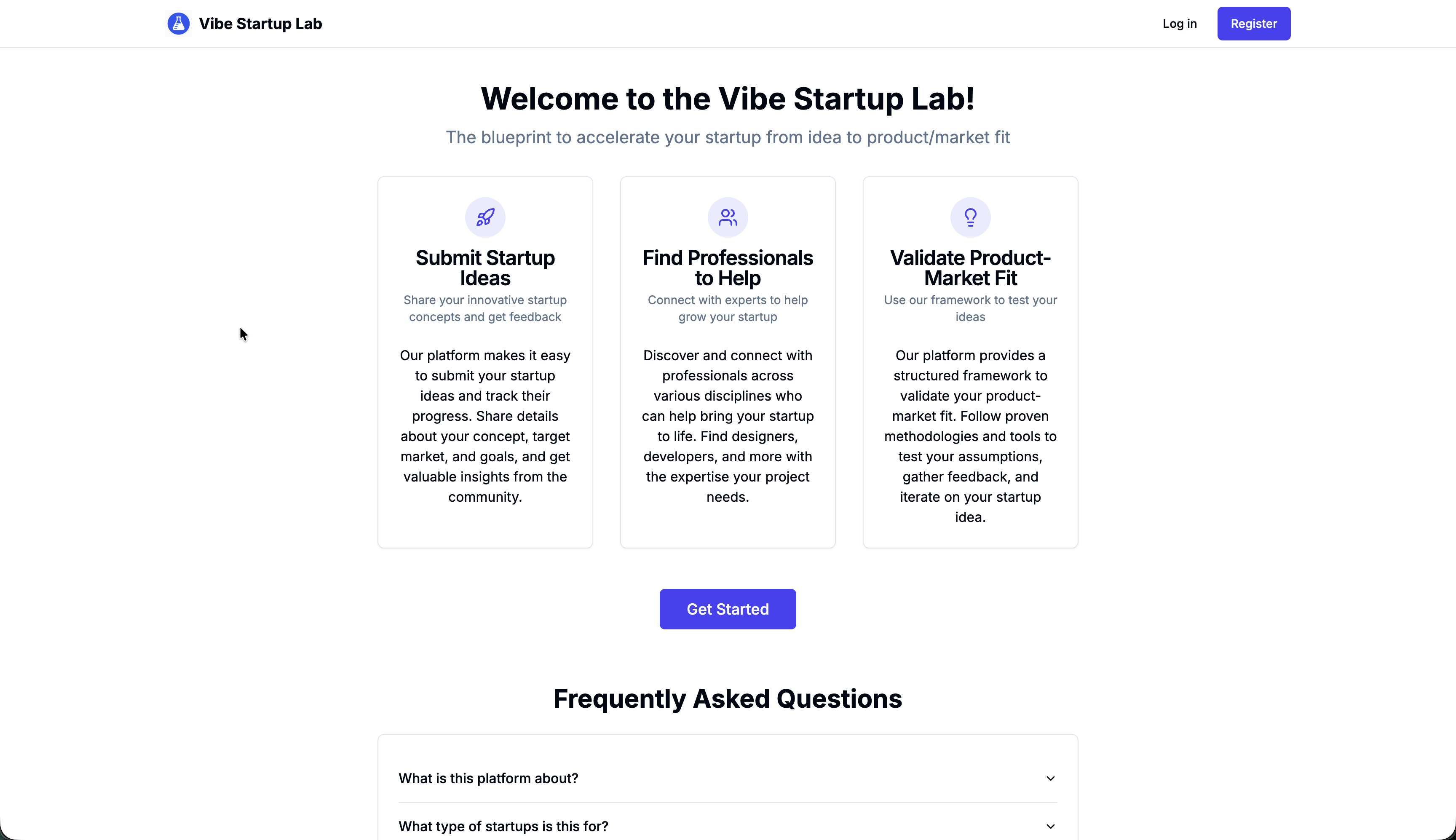 Vibe Startup Lab homepage with feature cards