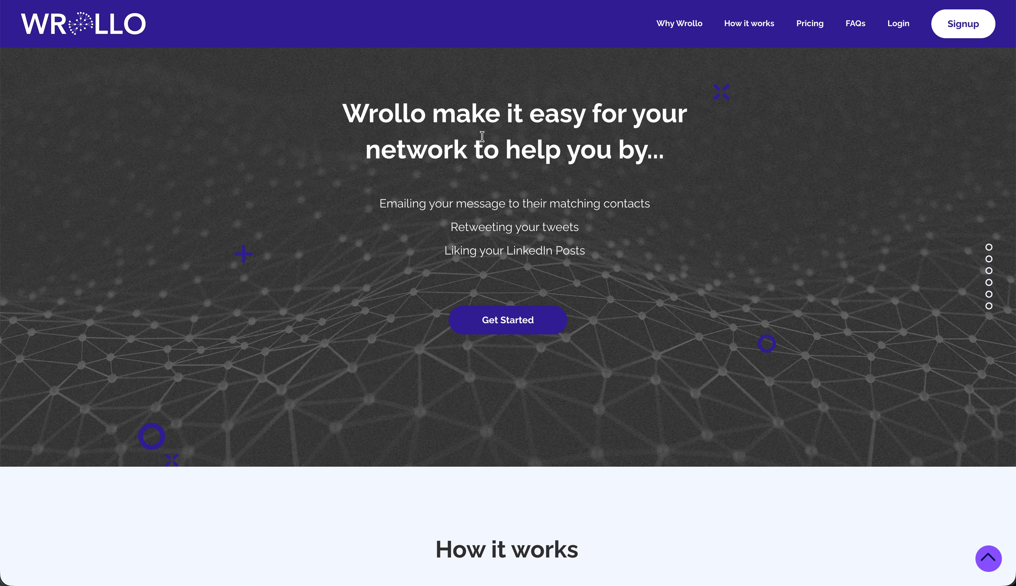Wrollo homepage with network visualization